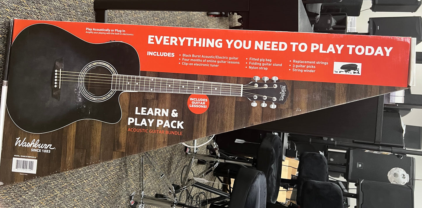 Washburn Learn and Play Pack Acoustic Electric Guitar Bundle- Transparent Black Burst