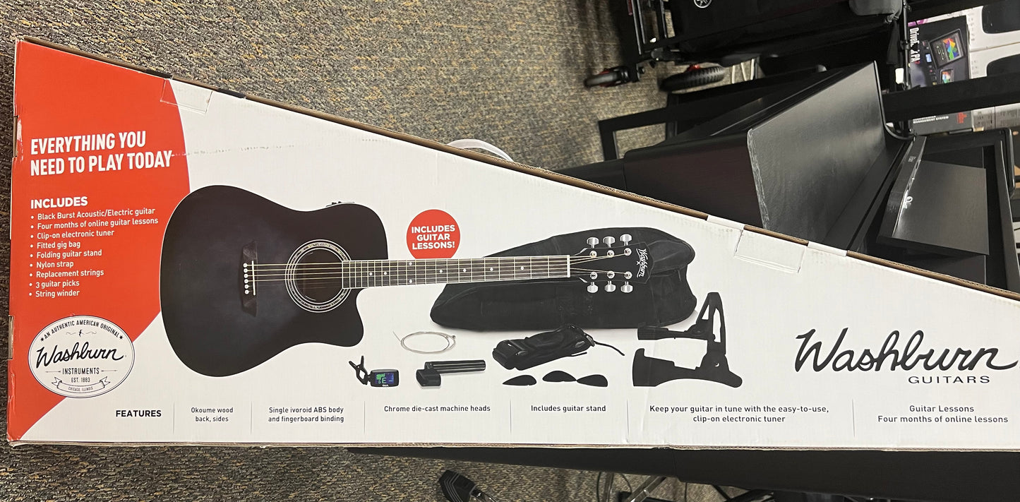 Washburn Learn and Play Pack Acoustic Electric Guitar Bundle- Transparent Black Burst
