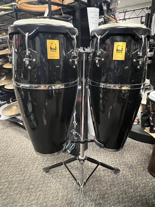 Used Toca Kaman 11” & 9.5” Conga Drum Set with Stand-Black